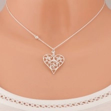 Strieborný náhrdelník 925, vypuklé srdce zdobené filigránom, číry zirkón
