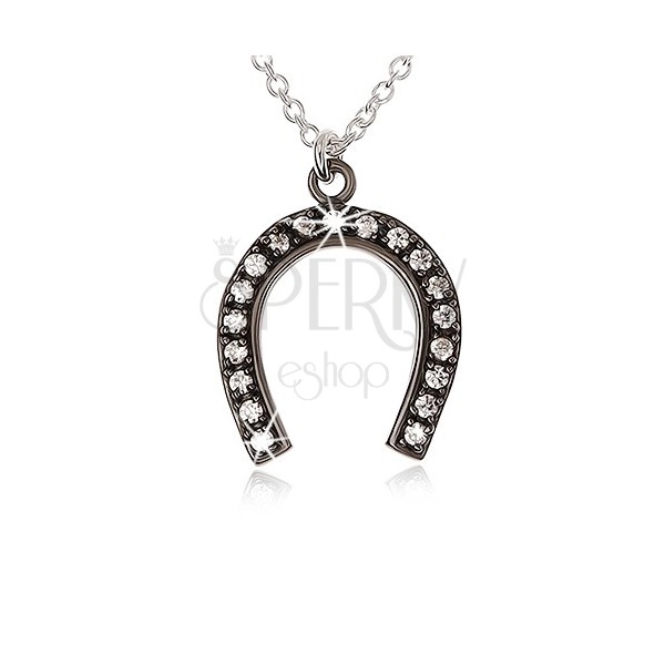 Strieborný náhrdelník 925, oceľovo sivá podkova pre šťastie, číre zirkóny