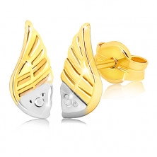 Dvojfarebné ródiované náušnice v 9K zlate - gravírované anjelské krídlo