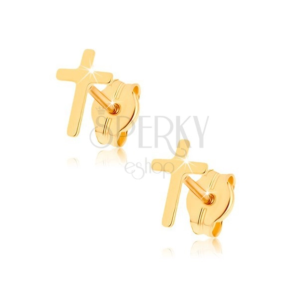 Náušnice zo žltého 9K zlata - lesklý latinský krížik