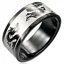 Čierny oceľový prsteň s bojujúcimi drakmi