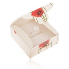Krémová papierová krabička na prsteň a náušnice, červený kvet maku