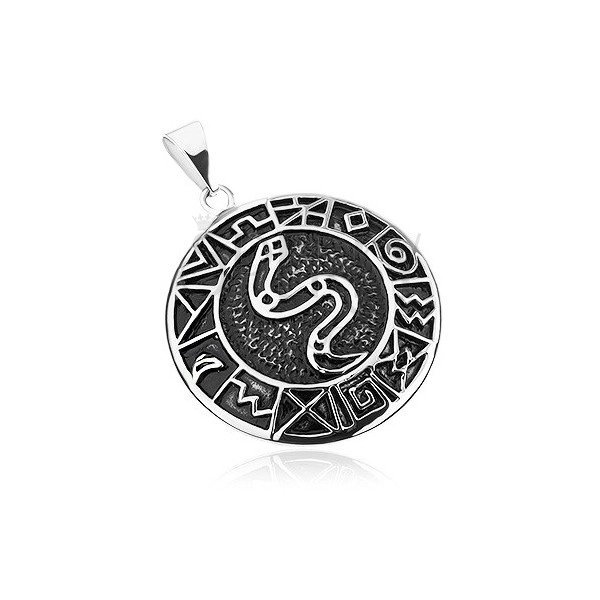 Prívesok z chirurgickej ocele, had v kruhu lemovaný starodávnymi symbolmi