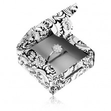 Čierno-biela krabička z papiera na prsteň a náušnice, ornamenty - lístky