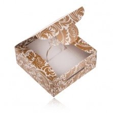 Hnedobiela papierová krabička na prsteň a náušnice, dekoračná potlač