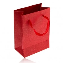 Malá papierová taštička na darček v perleťovo-červenej farbe, červené stužky