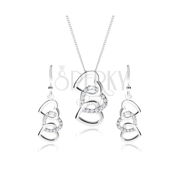Strieborný set 925, náušnice a náhrdelník - siluety troch prepojených sŕdc, číre zirkóny