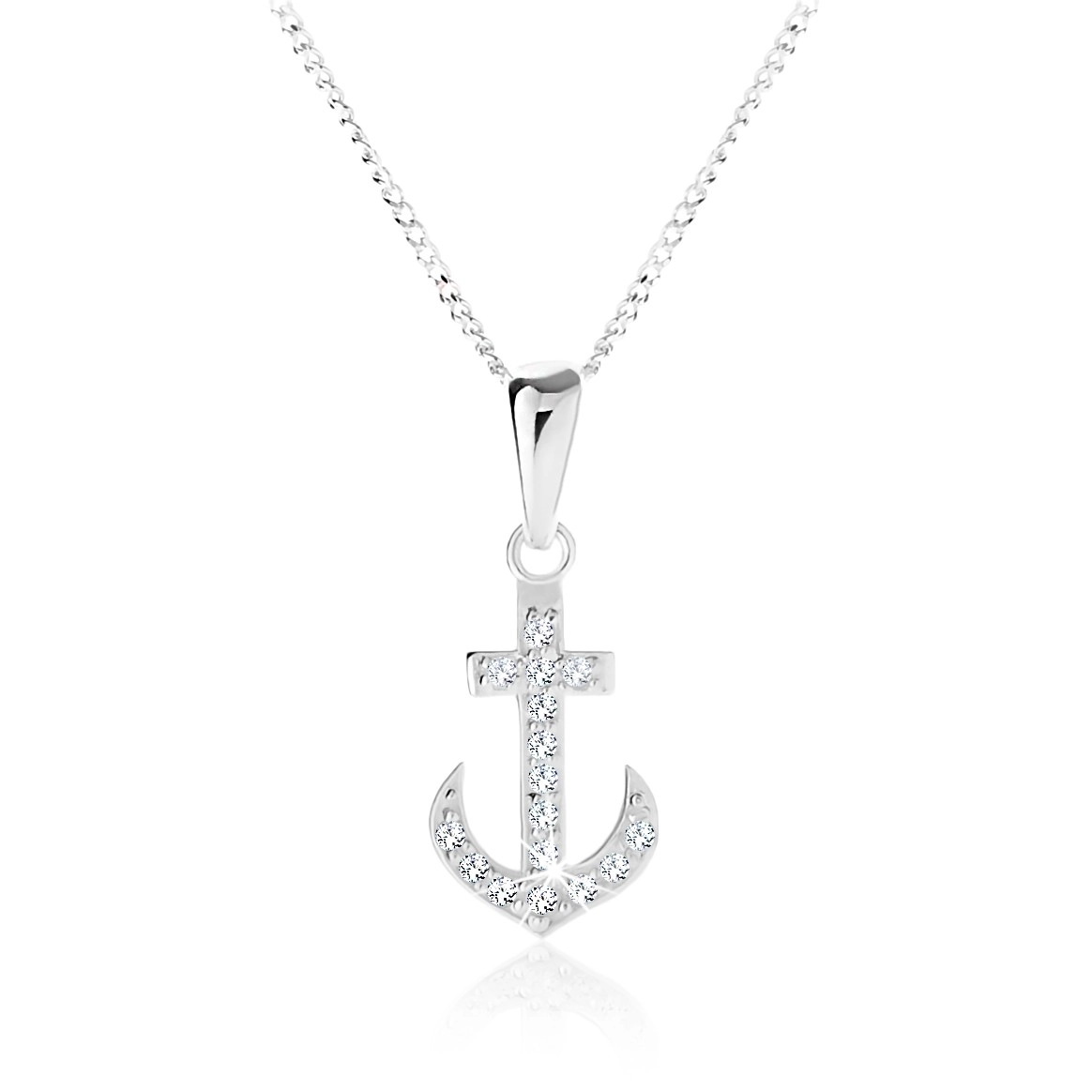 Strieborný 925 náhrdelník, jemná retiazka, zirkónová námornícka kotva
