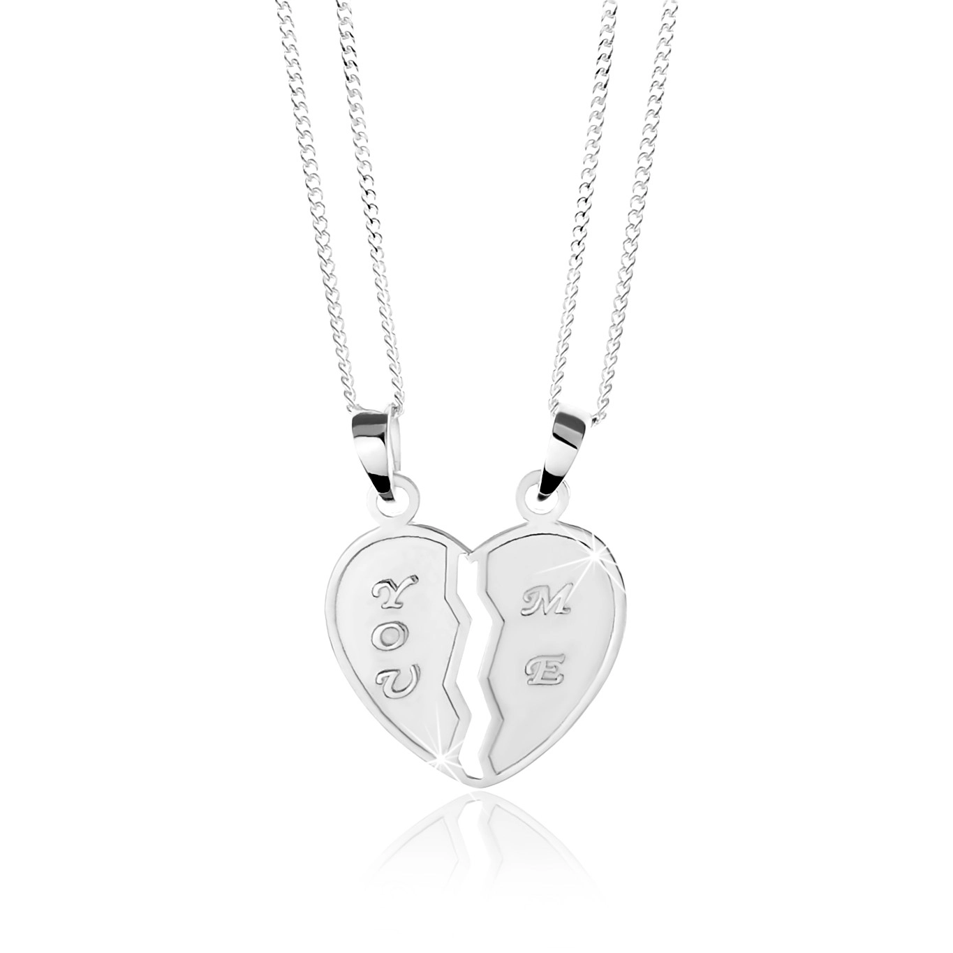 Strieborný 925 náhrdelník, dvojprívesok - prelomené srdce, nápisy \