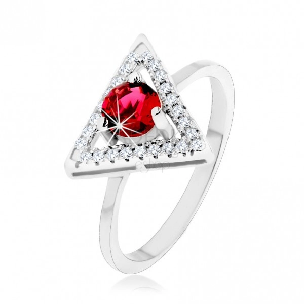 Strieborný 925 prsteň - zirkónový obrys trojuholníka, okrúhly červený zirkón
