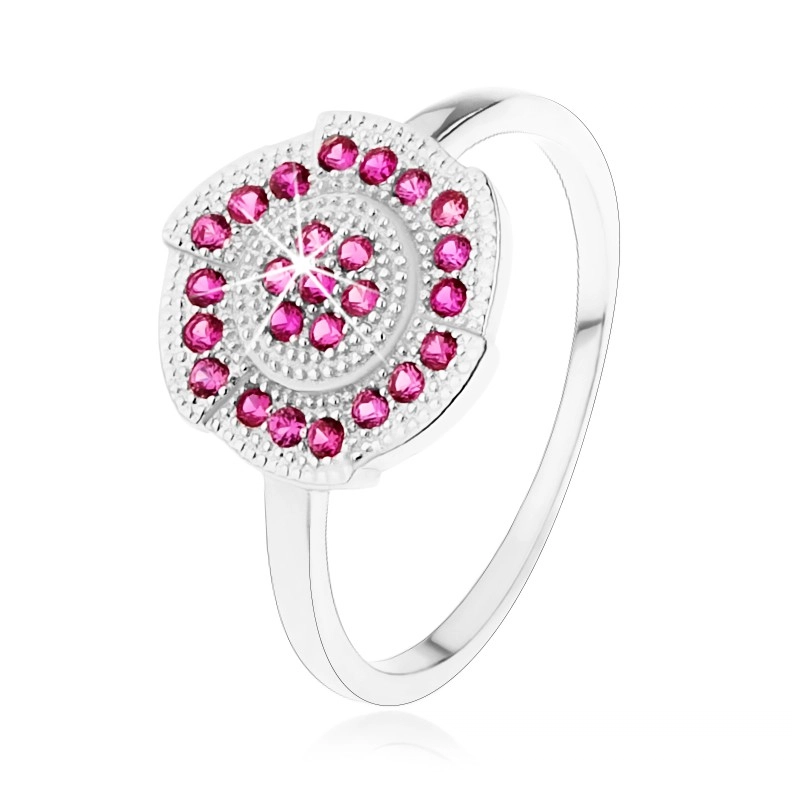 Strieborný 925 prsteň, gravírovaný kvietok zdobený ružovými zirkónikmi - Veľkosť: 52 mm