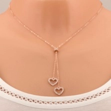 Strieborný 925 náhrdelník medenej farby, dve kontúry sŕdc na retiazkach
