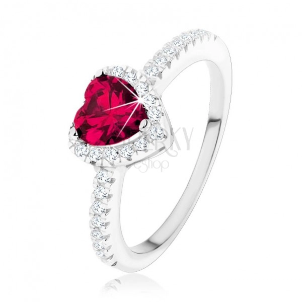 Strieborný 925 prsteň - červené srdce s čírym zirkónovým lemom