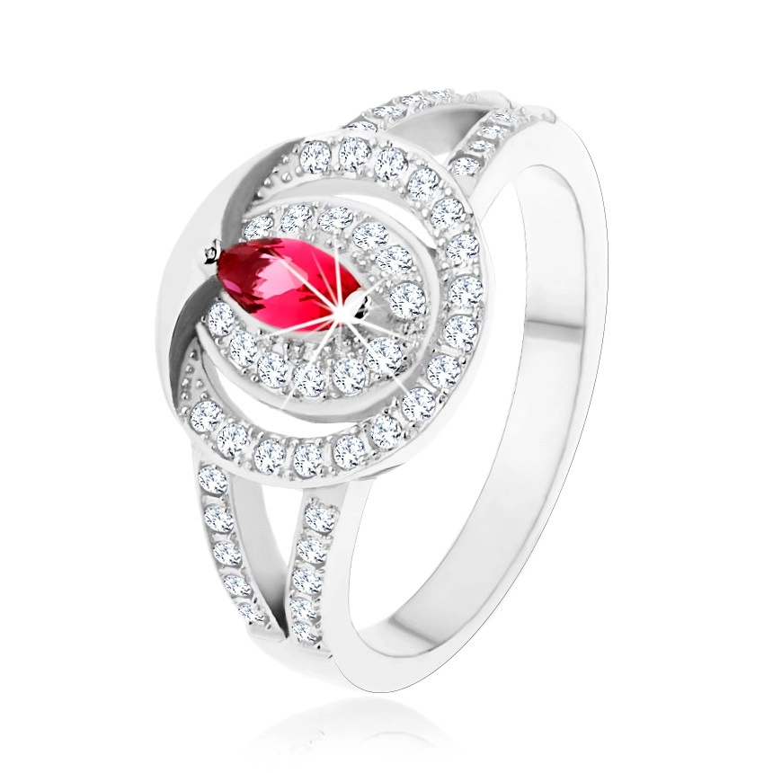 Strieborný 925 prsteň, číra zirkónová obruč s ružovým zirkónom - Veľkosť: 59 mm