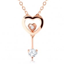 Strieborný 925 náhrdelník medenej farby, obrys srdca, dve malé srdiečka