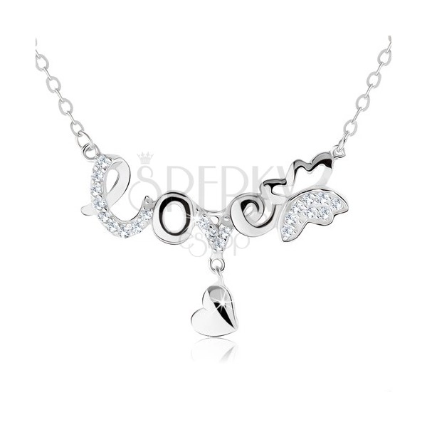 Nastaviteľný náhrdelník, nápis "love", motýlik, visiace srdiečko, striebro 925