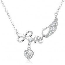 Strieborný náhrdelník 925, nápis "Love", anjelské krídlo, srdce