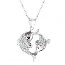 Strieborný 925 náhrdelník, dve trblietavé ryby, ružové zirkónové očká