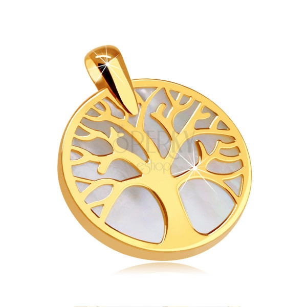Prívesok v žltom 9K zlate - strom života v obryse kruhu, perleťový podklad
