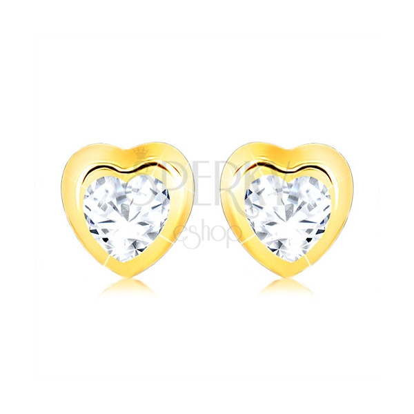 Zlaté náušnice 375 - lesklá kontúra pravidelného srdca, číry zirkón