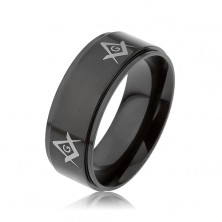 Oceľový prsteň čiernej farby, symboly slobodomurárov na vyvýšenom páse