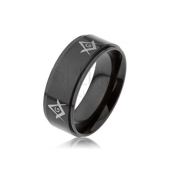 Oceľový prsteň čiernej farby, symboly slobodomurárov na vyvýšenom páse