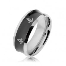 Oceľový prsteň v čiernej a striebornej farbe s vyhĺbeným stredom, symboly