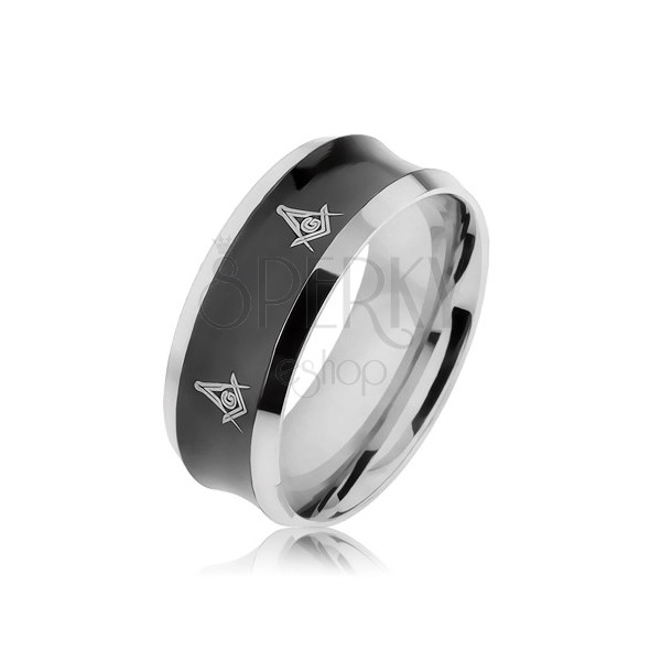Oceľový prsteň v čiernej a striebornej farbe s vyhĺbeným stredom, symboly