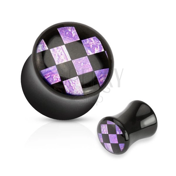 Lesklý sedlový plug do ucha čiernej farby, akryl, čierno-fialová šachovnica