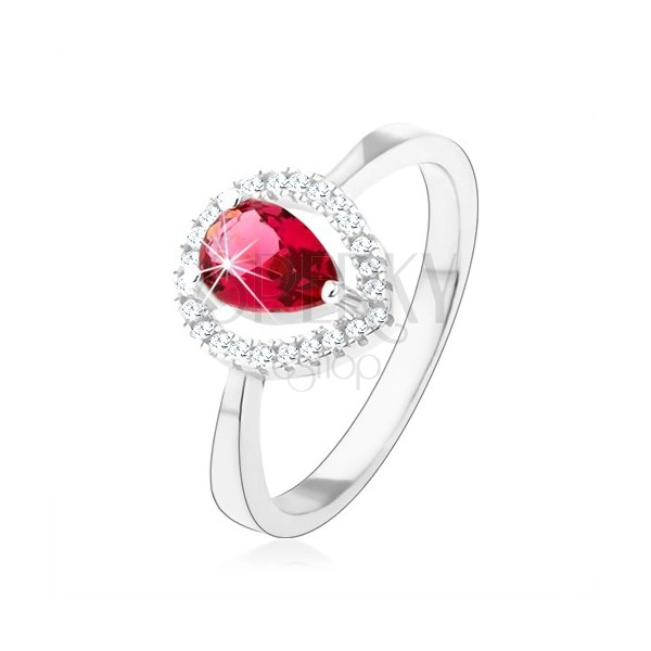 Strieborný prsteň 925, ružová zirkónová slza, trblietavá kontúra