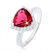 Strieborný prsteň 925, trojuholník, ružový zirkón, ligotavý lem, výrezy