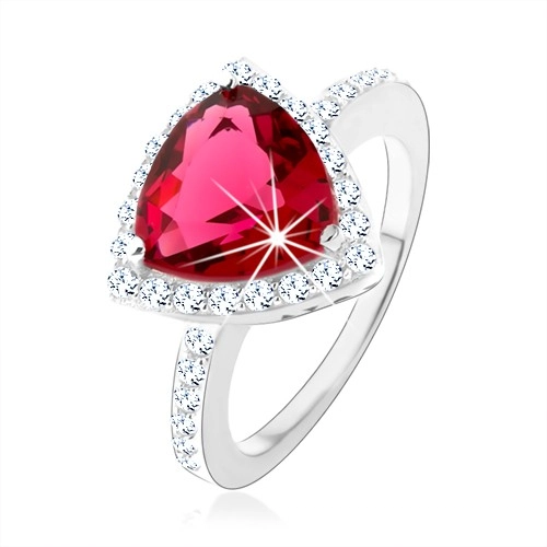 Strieborný prsteň 925, trojuholník, ružový zirkón, ligotavý lem, výrezy - Veľkosť: 54 mm