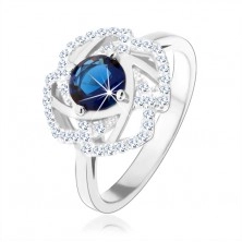 Strieborný 925 prsteň, trblietavý obrys kvetu, modrý okrúhly zirkón
