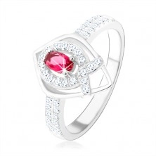 Strieborný prsteň 925, obrys špicatej slzy, ružový zirkón, línia v tvare "V"