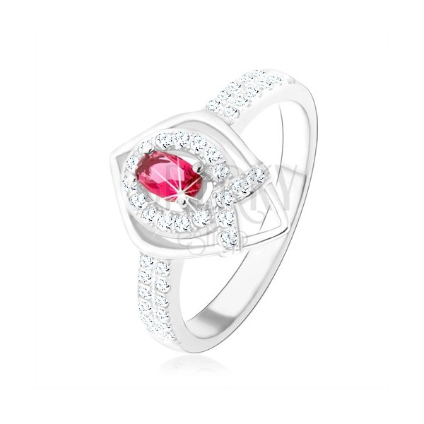 Strieborný prsteň 925, obrys špicatej slzy, ružový zirkón, línia v tvare "V"