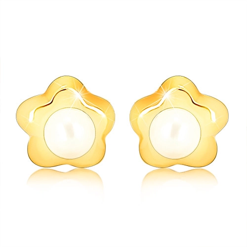 Puzetové náušnice v žltom 9K zlate - drobný lesklý kvietok, biela perlička