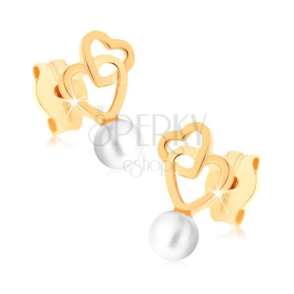 Zlaté náušnice 375 - dva prepojené obrysy sŕdc, guľatá biela perlička