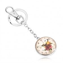 Kľúčenka v štýle cabochon, číre vypuklé sklo, motív hodín s kvetmi