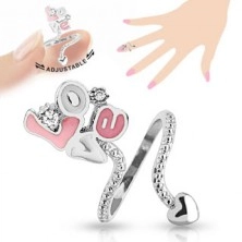 Nastaviteľný prsteň na necht, ružovo-biely nápis "Love", číre zirkóny