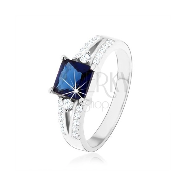 Zásnubný prsteň, striebro 925, modrý zirkónový štvorec, zdobené ramená