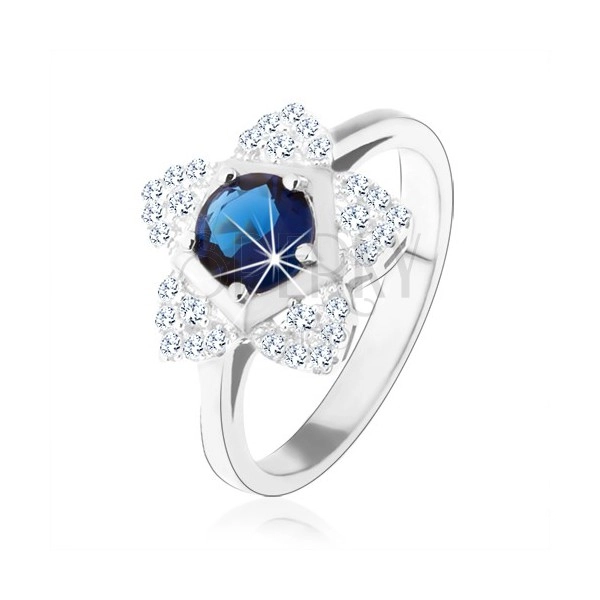 Zásnubný prsteň, striebro 925, ligotavý kvietok, okrúhly modrý zirkón