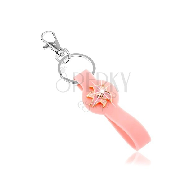 Prívesok na kľúče, silikónová časť ružovej farby, ligotavý kvet