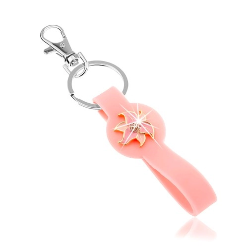 Prívesok na kľúče, silikónová časť ružovej farby, ligotavý kvet