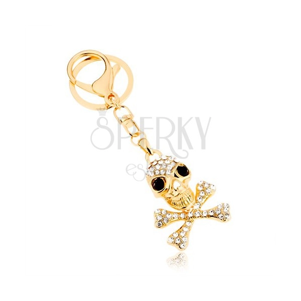 Prívesok na kľúče, zlatý odtieň, lebka s prekríženými kosťami, zirkóny