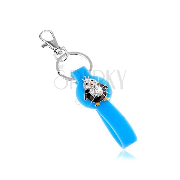 Kľúčenka, modrý prívesok zo silikónu, malý tučniačik, zirkóny, farebná glazúra