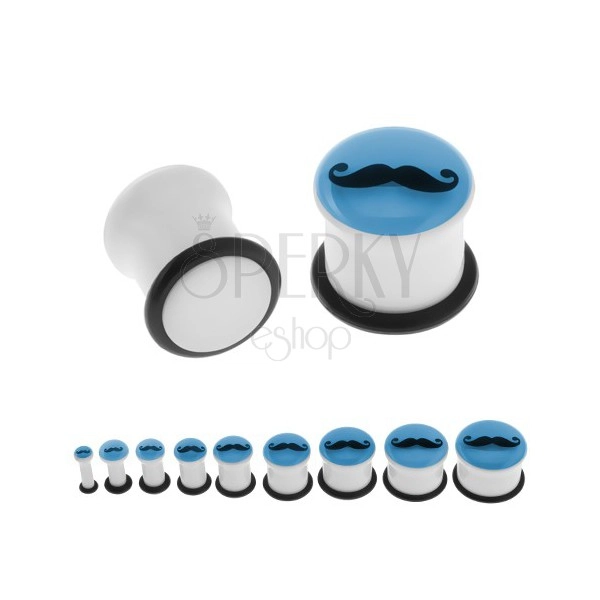 Biely piercing do ucha - plug, fúzy, gumička, modrá predná časť žiariaca v tme