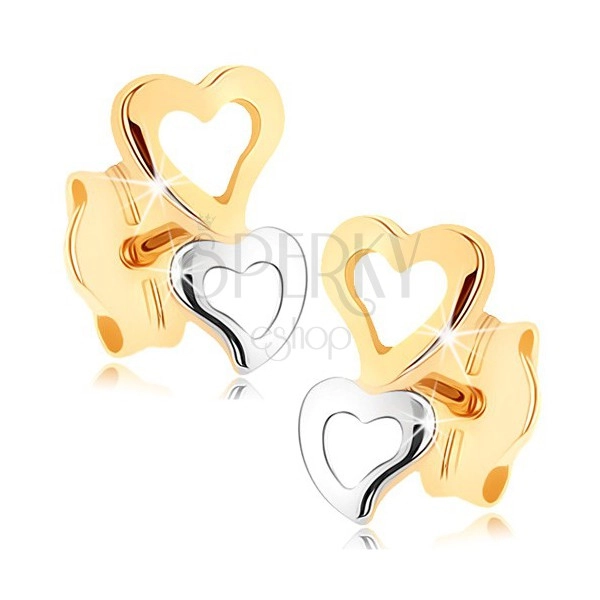 Zlaté náušnice 375 - dve srdcové kontúry v dvojfarebnom prevedení