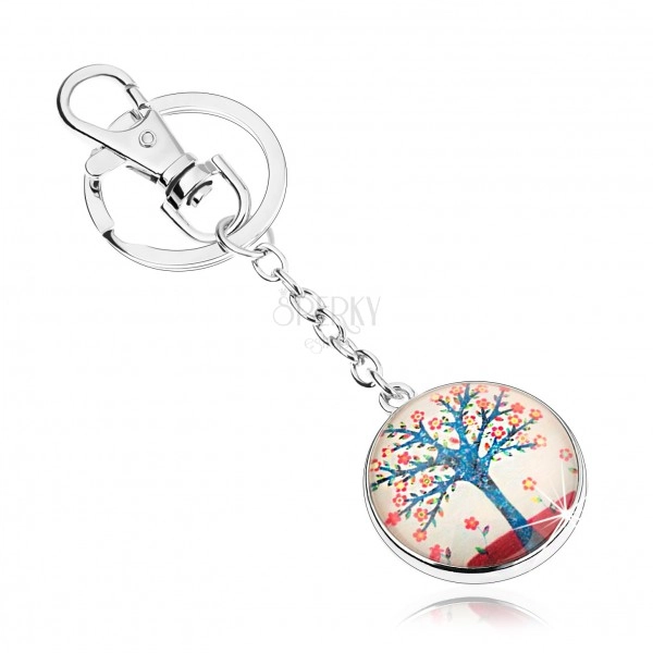 Kľúčenka cabochon, modrý strom života, červené kvietky, biele pozadie