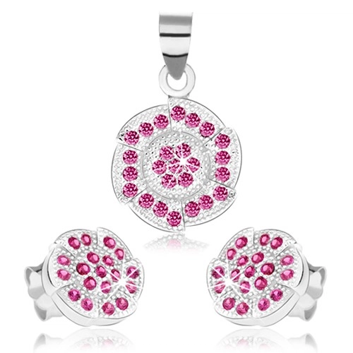 E-shop Šperky Eshop - Sada náušníc a prívesku, striebro 925, kruh so zárezmi, ružové zirkóniky SP71.17