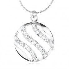 Strieborný náhrdelník 925, retiazka a okrúhly prívesok, vlnky vykladané zirkónmi